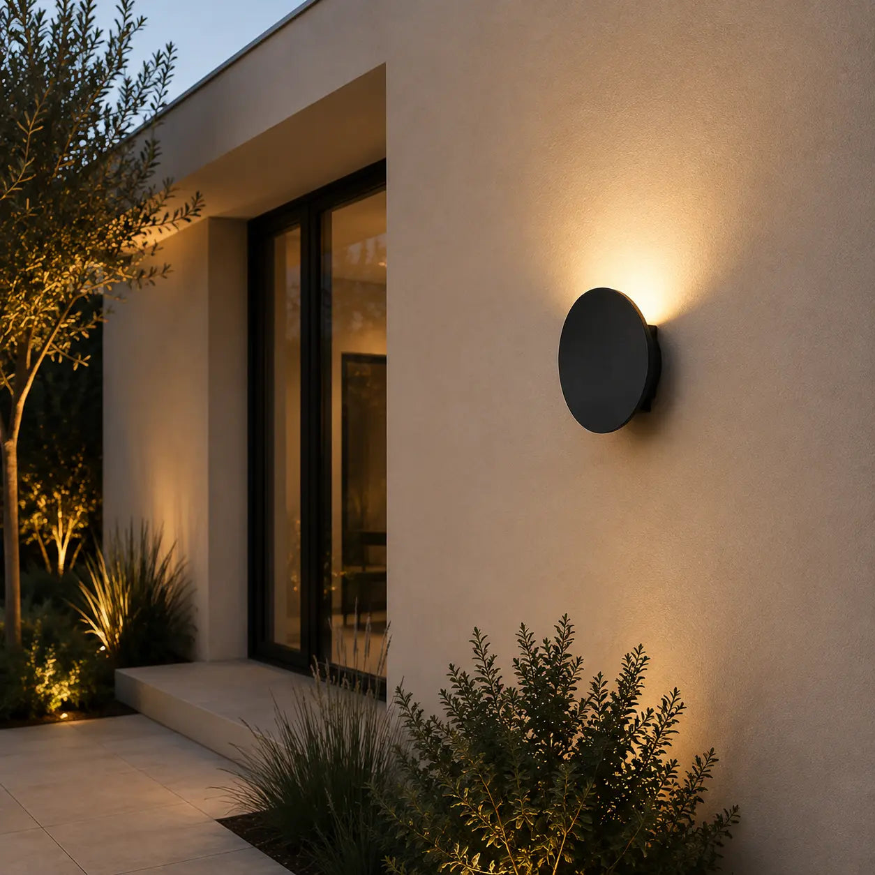 Applique murale extérieure LED ronde noire installée sur une façade
