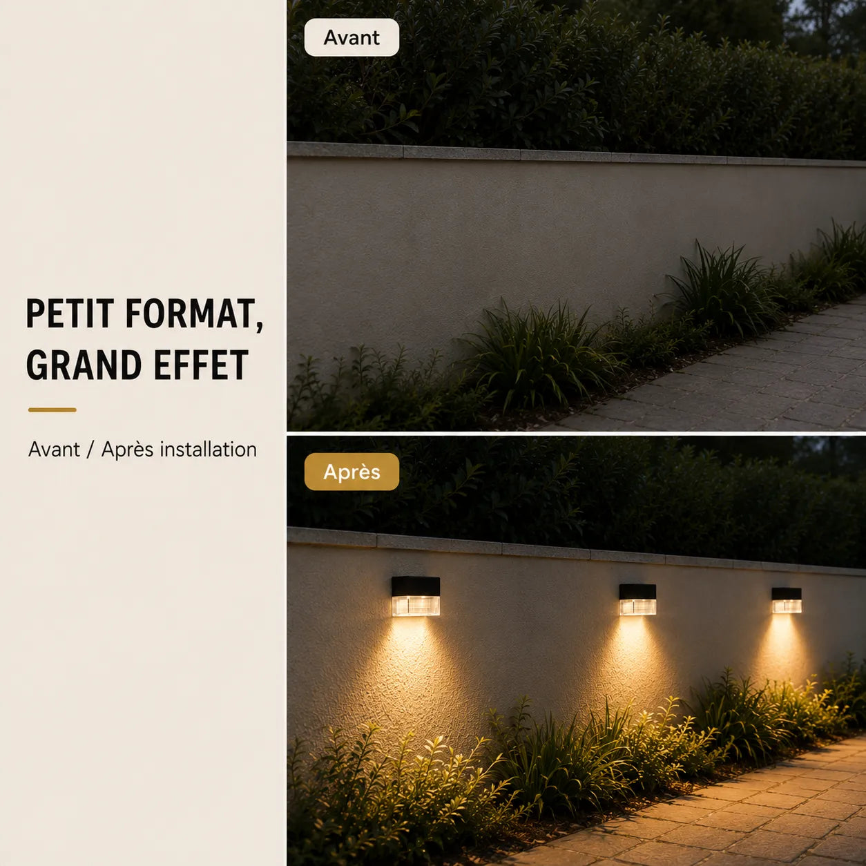Avant et après installation de plusieurs appliques murales extérieures solaires sur un mur