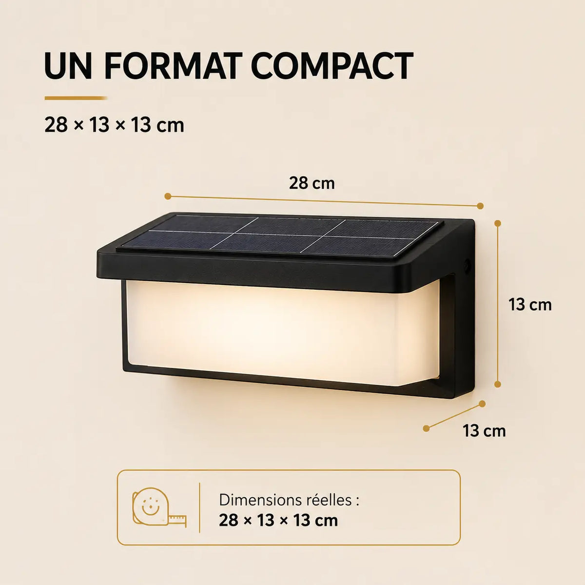 Applique murale extérieure solaire noire de 28 × 13 × 13 cm