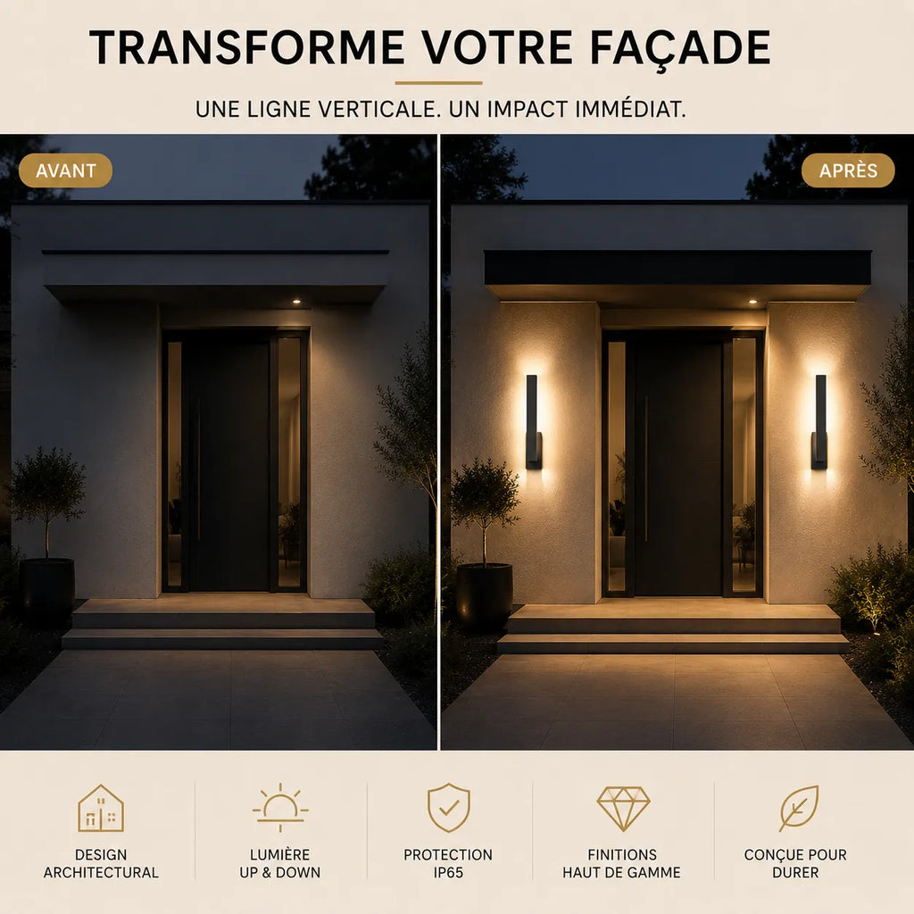 Avant et après installation d'une applique murale extérieure LED totem sur une façade moderne