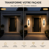 Avant et après installation d'une applique murale extérieure LED totem sur une façade moderne