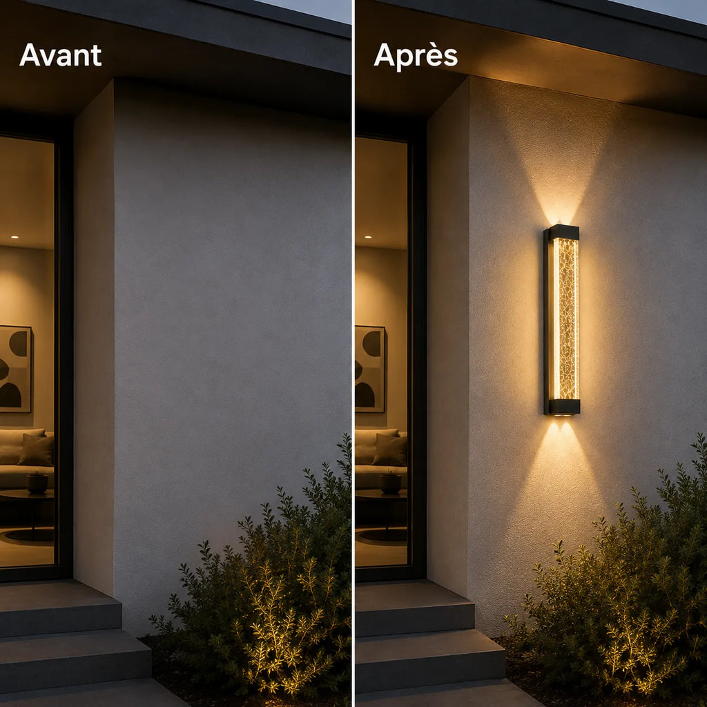 Avant et après installation d'une applique murale extérieure LED en aluminium et verre sur une façade moderne