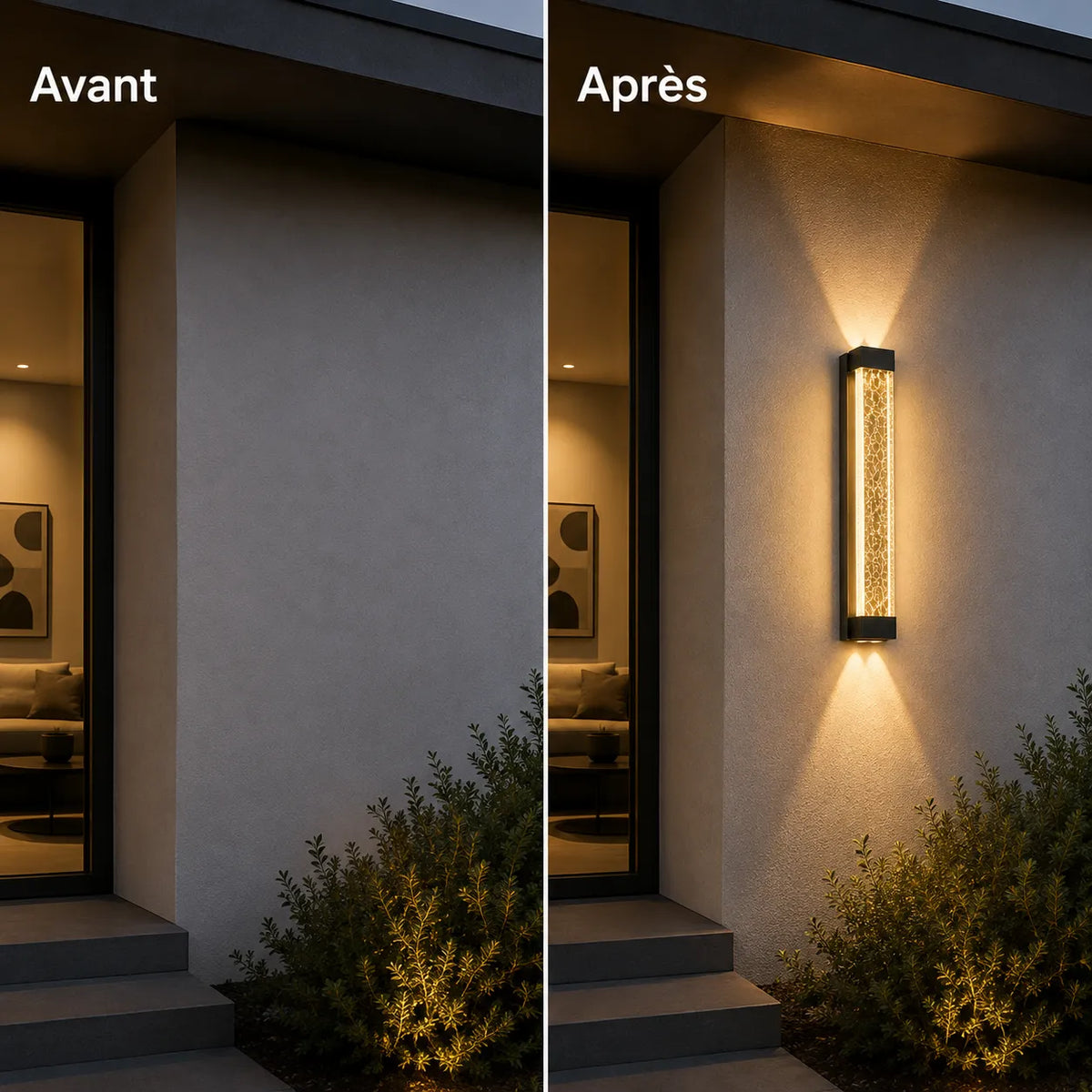 Avant et après installation d'une applique murale extérieure LED en aluminium et verre sur une façade moderne