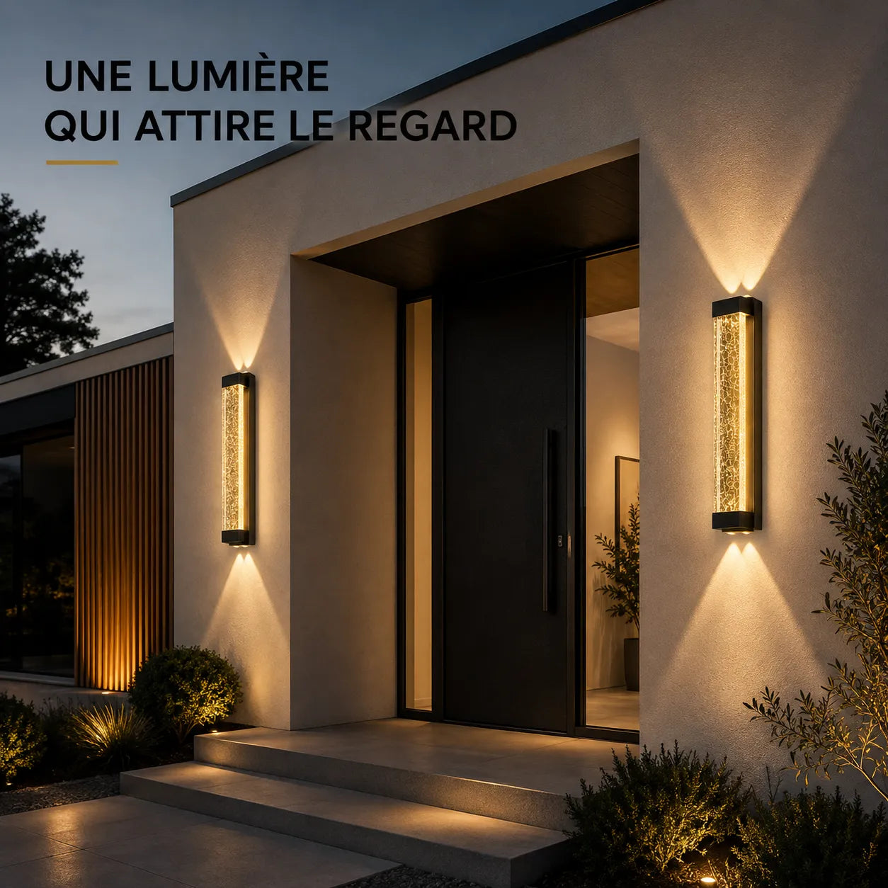 Applique murale extérieure LED en aluminium et verre installée sur une façade contemporaine