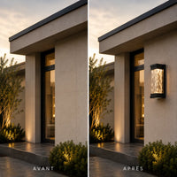 Avant et après installation d'une applique murale extérieure LED en aluminium et verre ondulé sur une façade moderne