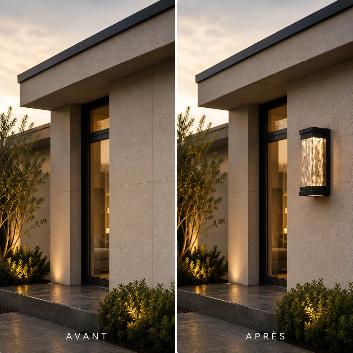 Avant et après installation d'une applique murale extérieure LED en aluminium et verre ondulé sur une façade moderne
