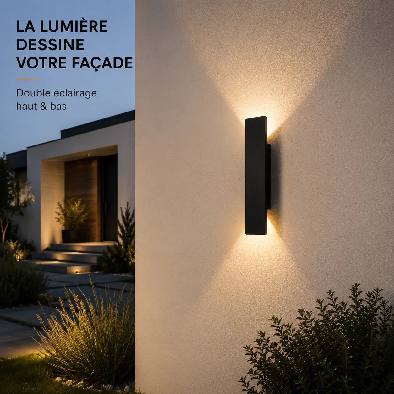 Applique murale extérieure noire allumée sur une façade au crépuscule