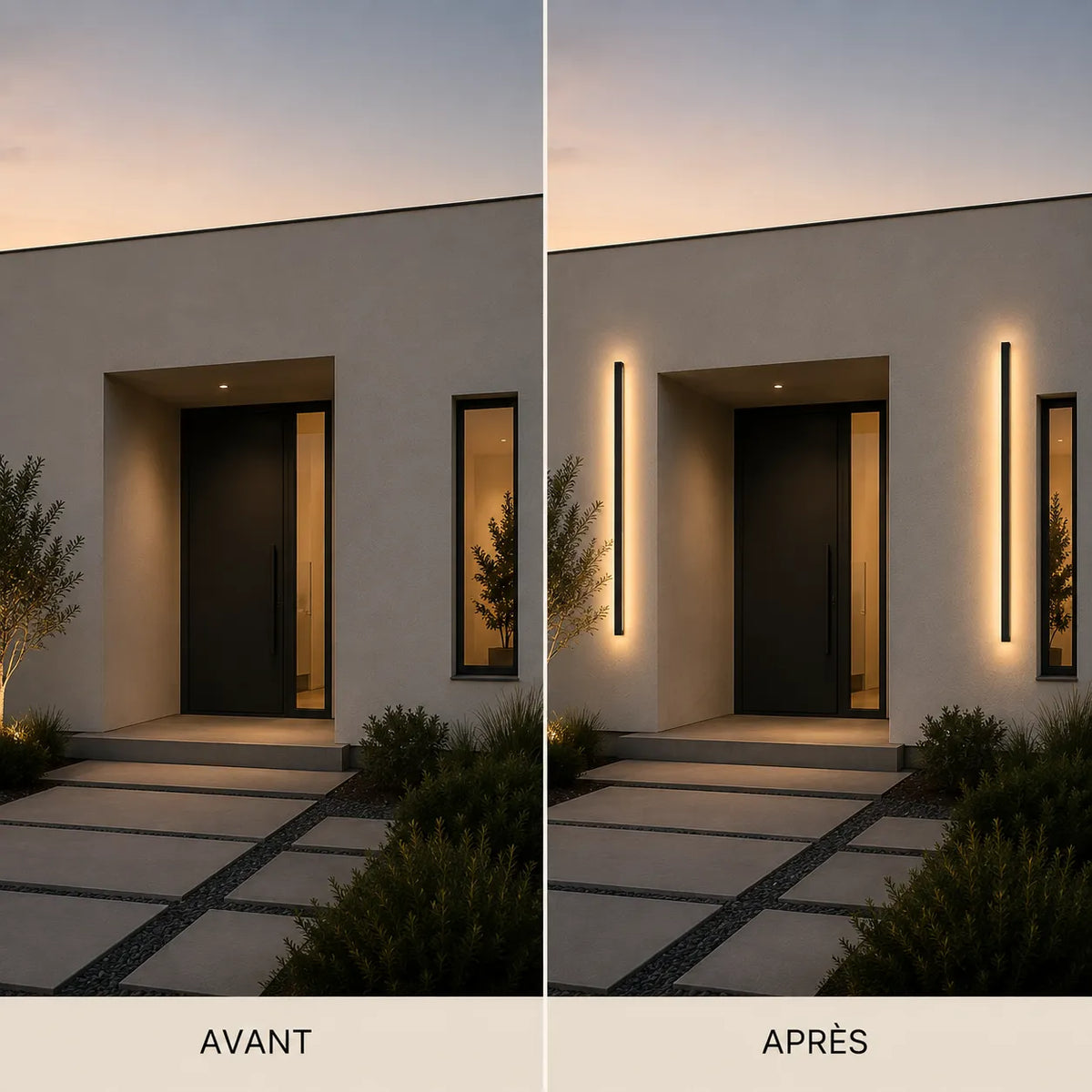 Avant et après installation d'une applique murale extérieure LED verticale noire sur une façade moderne