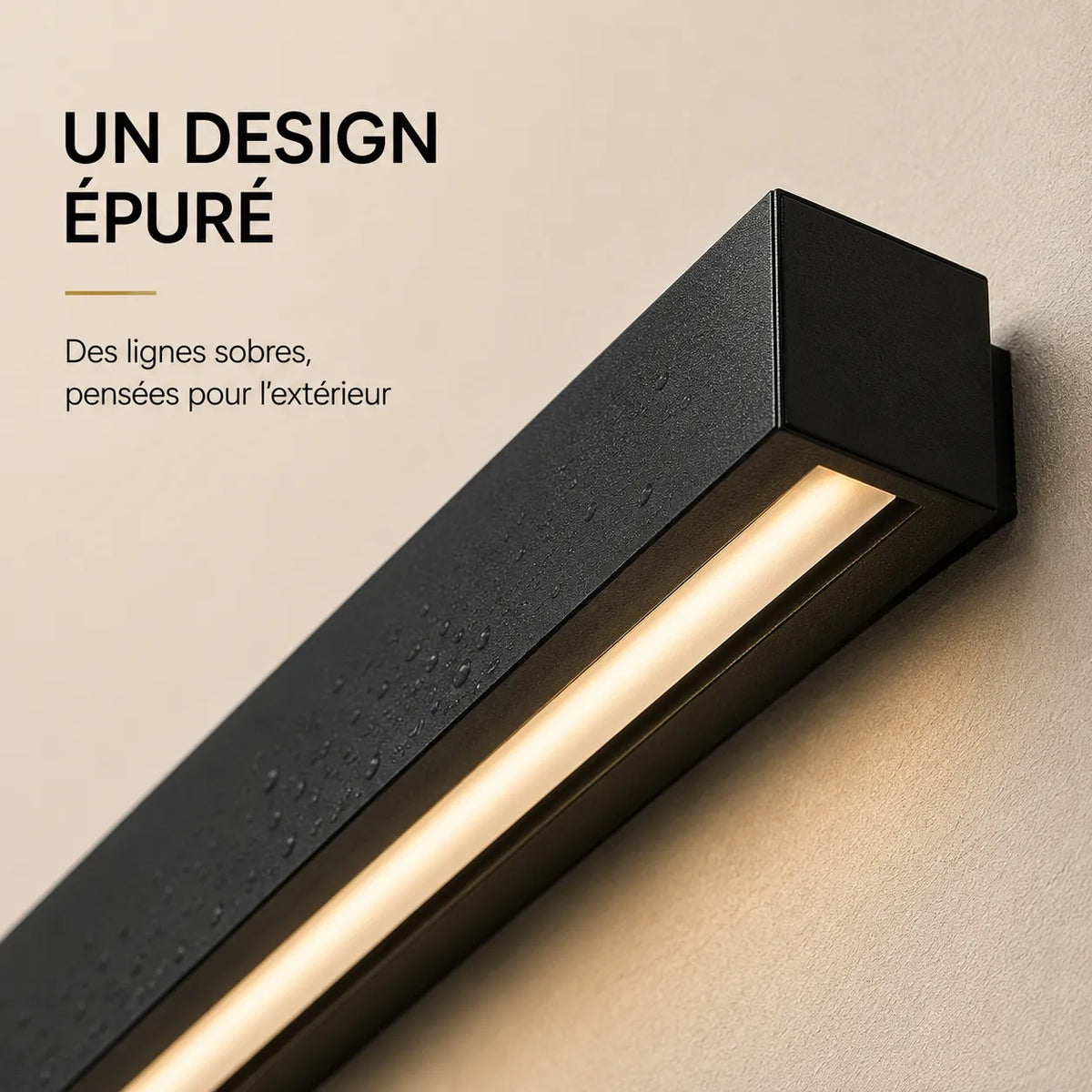 Détail de la finition noire et du design fin de l'applique murale extérieure LED verticale
