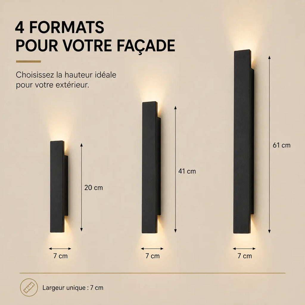 Dimensions 20, 41 et 61 cm de l'applique murale extérieure verticale
