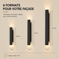 Dimensions 20, 41 et 61 cm de l'applique murale extérieure verticale