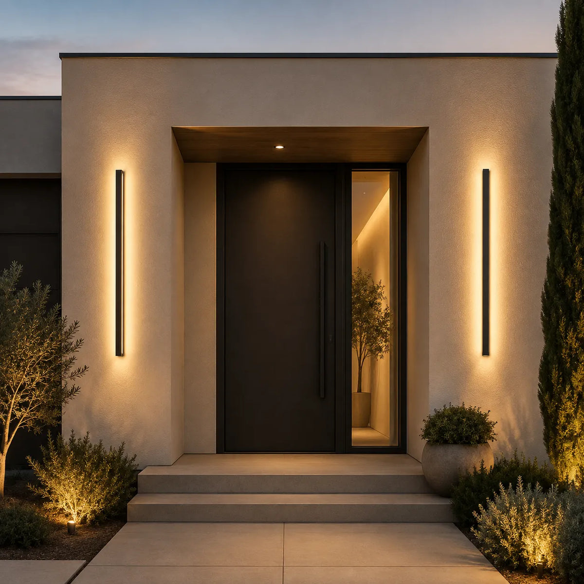 Applique murale extérieure LED verticale noire installée sur une façade contemporaine