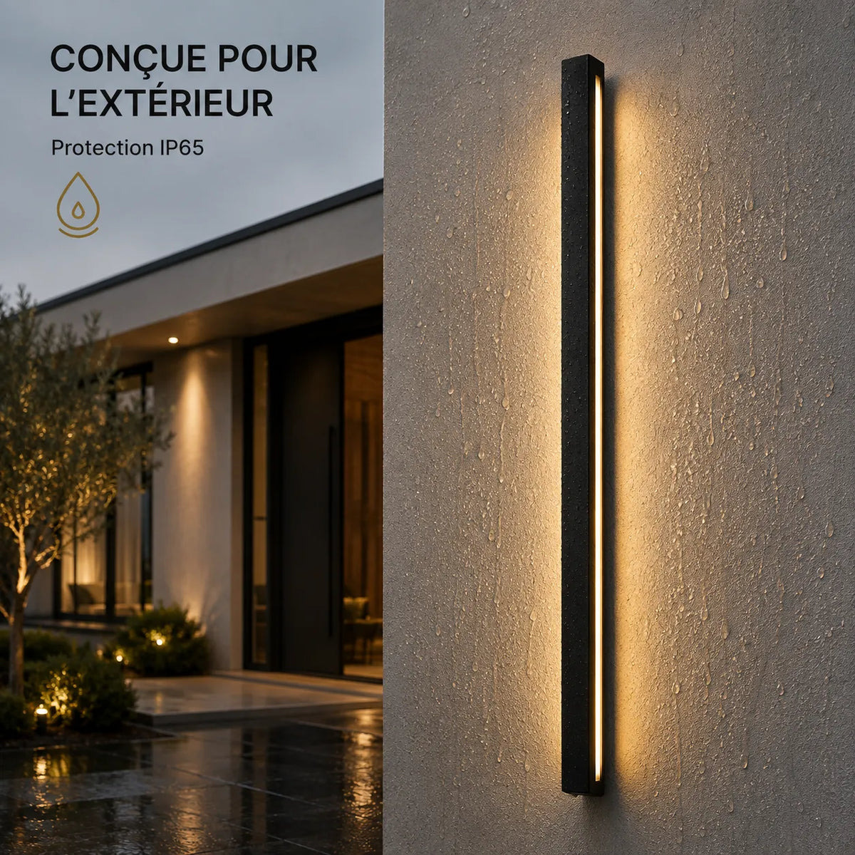 Applique murale extérieure LED verticale noire conçue pour une installation extérieure avec protection IP65