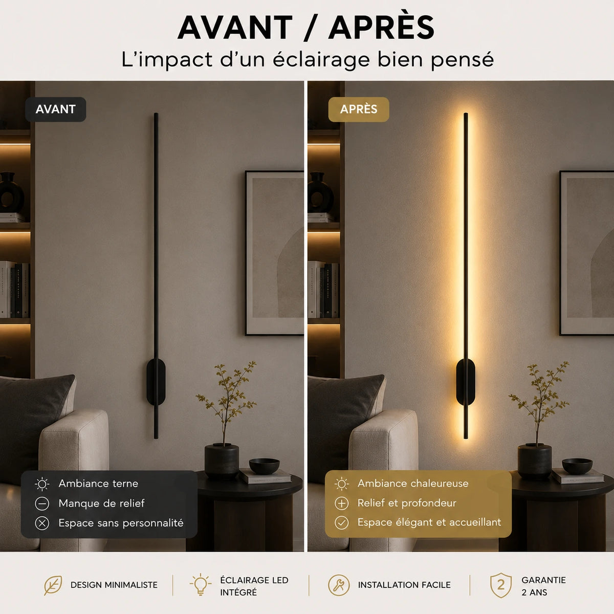 Salon avant et après installation de l'applique murale barre LED