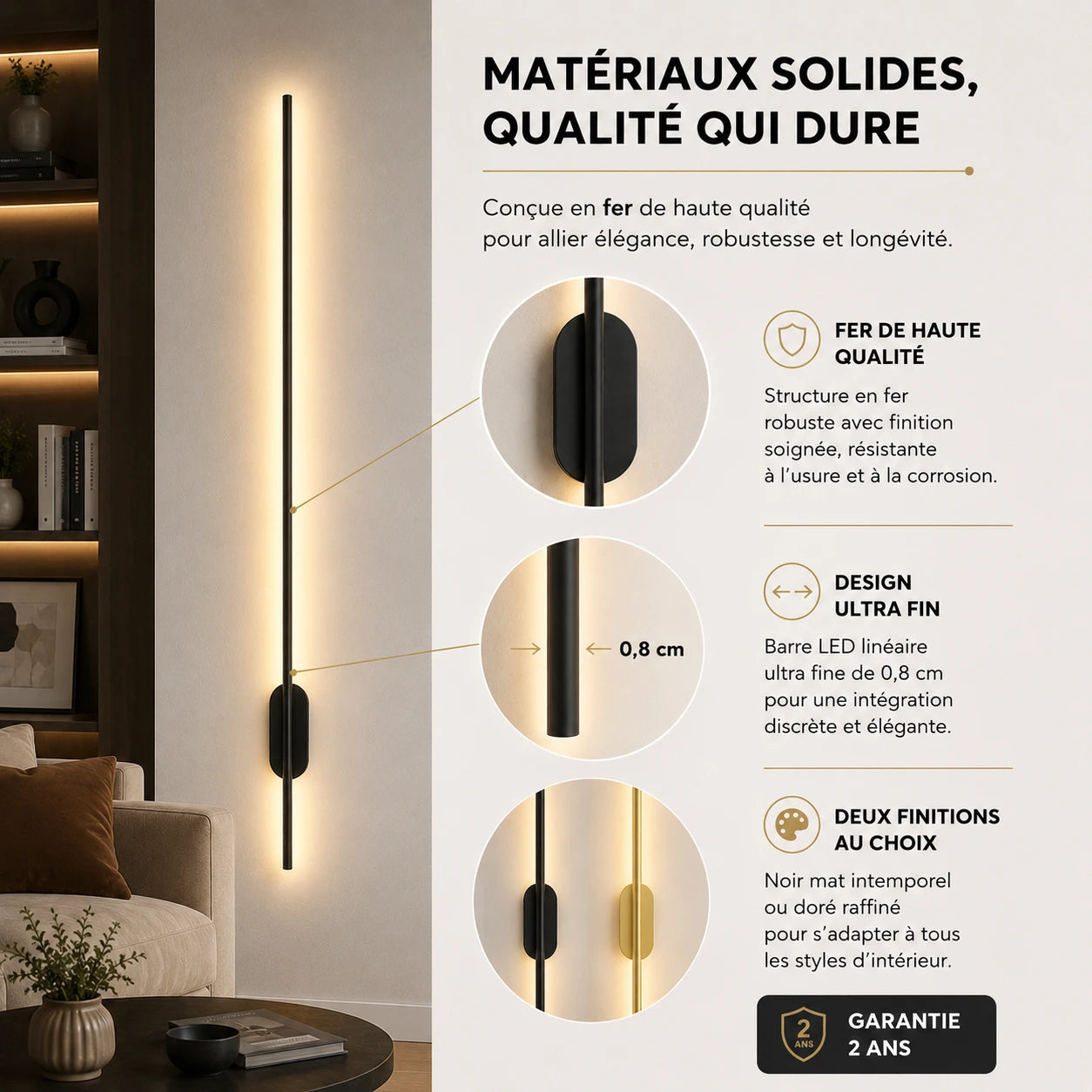Applique murale salon barre LED noir ou doré, garantie 2 ans