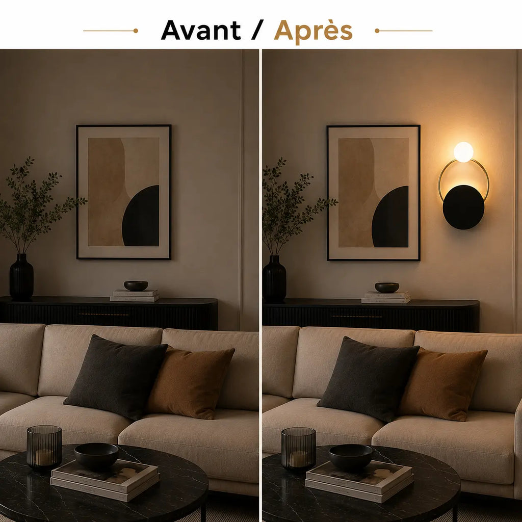 Salon avant et après installation de l'applique murale dorée en verre