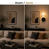 Salon avant et après installation de l'applique murale dorée en verre
