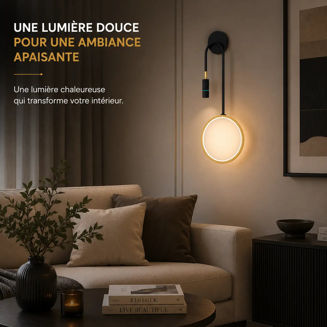 Applique murale salon noire diffuseur verre opale en situation