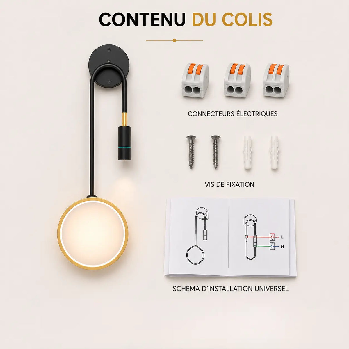 Contenu du colis applique murale salon noire verre opale