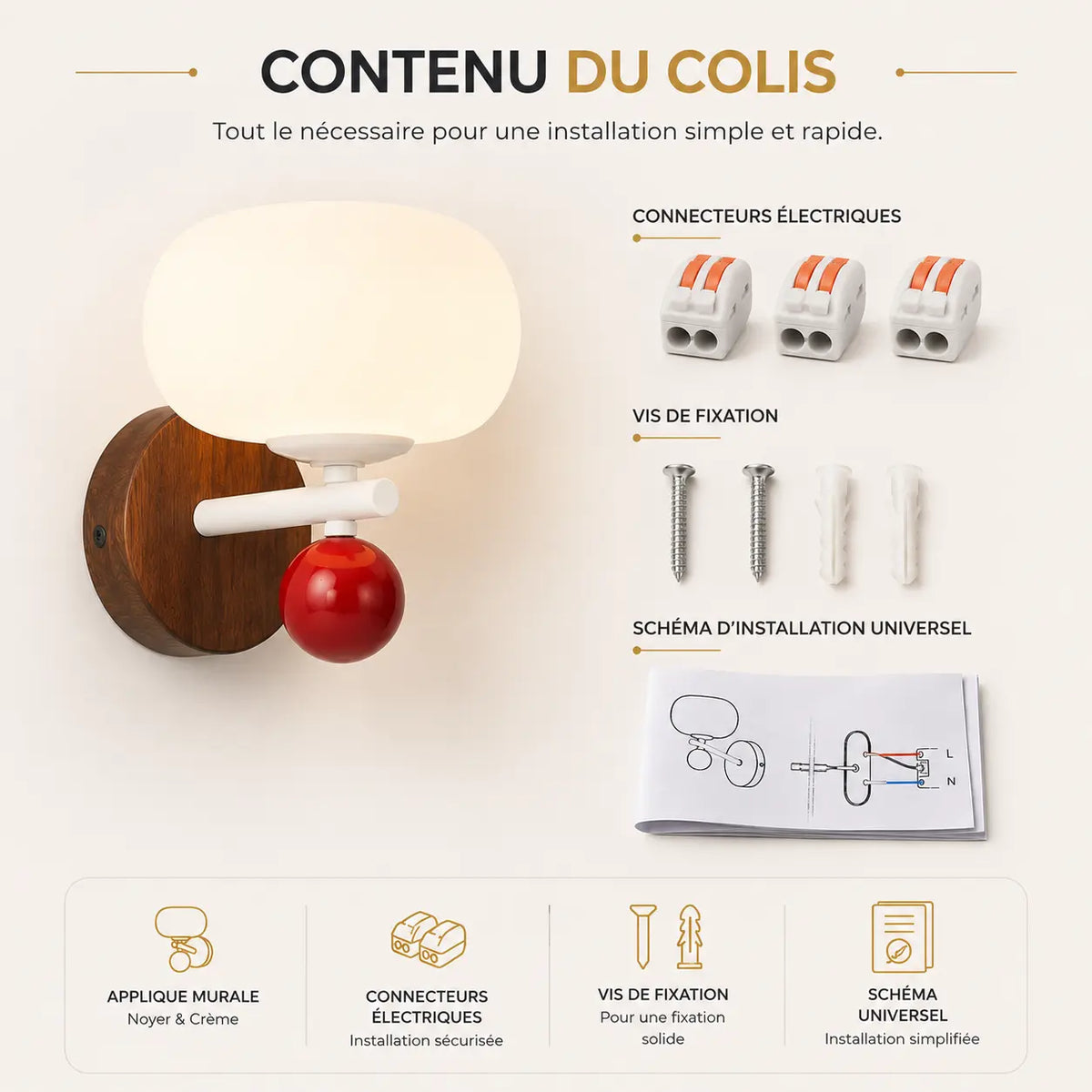 Contenu du colis applique murale noyer et crème