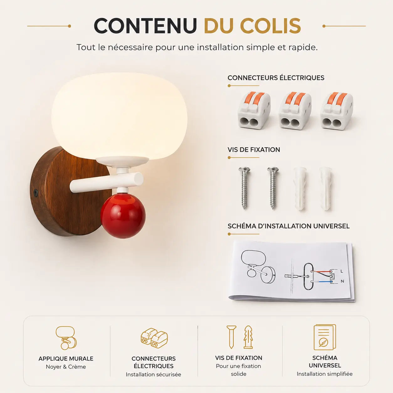 Contenu du colis applique murale noyer et crème
