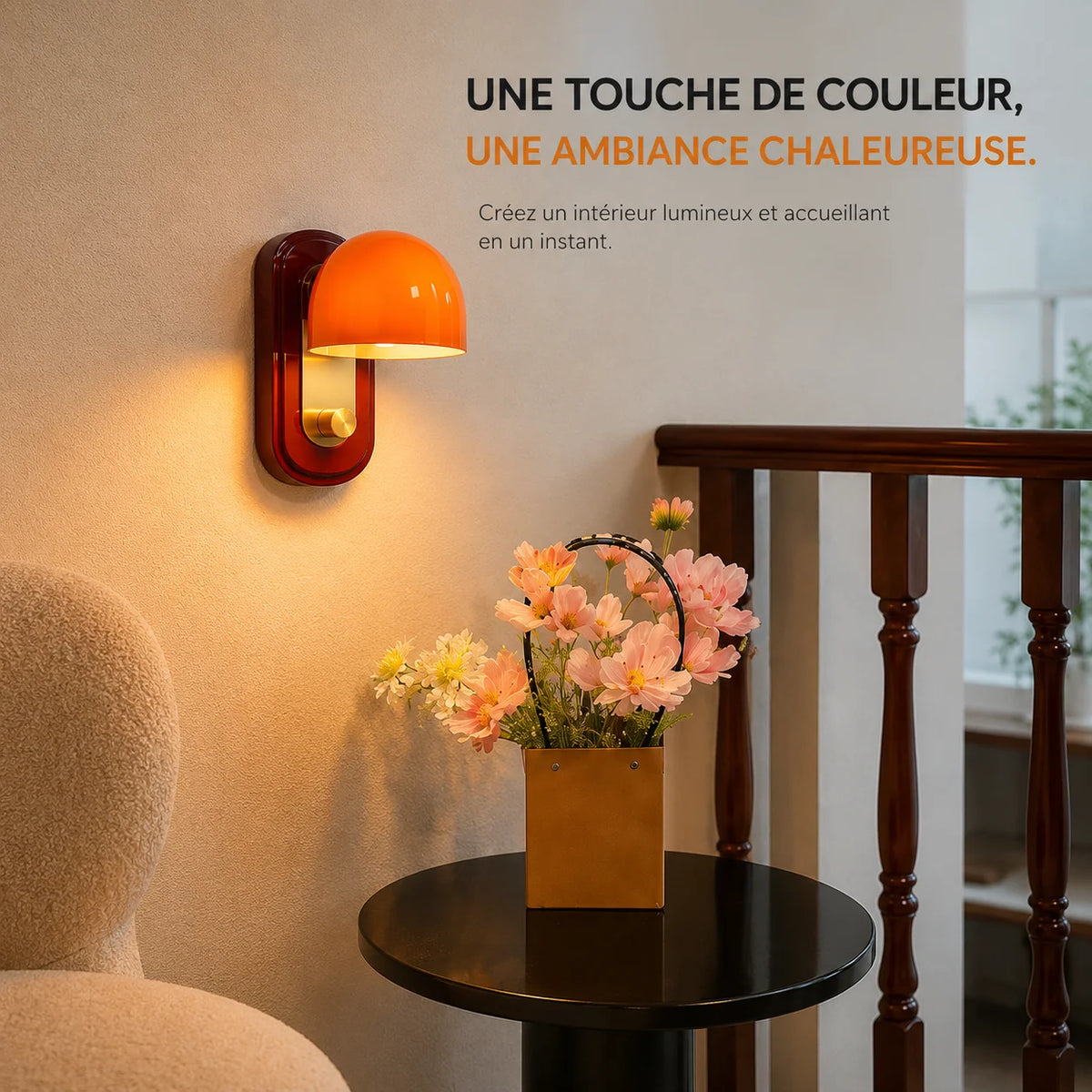 Applique murale salon orange en verre en situation