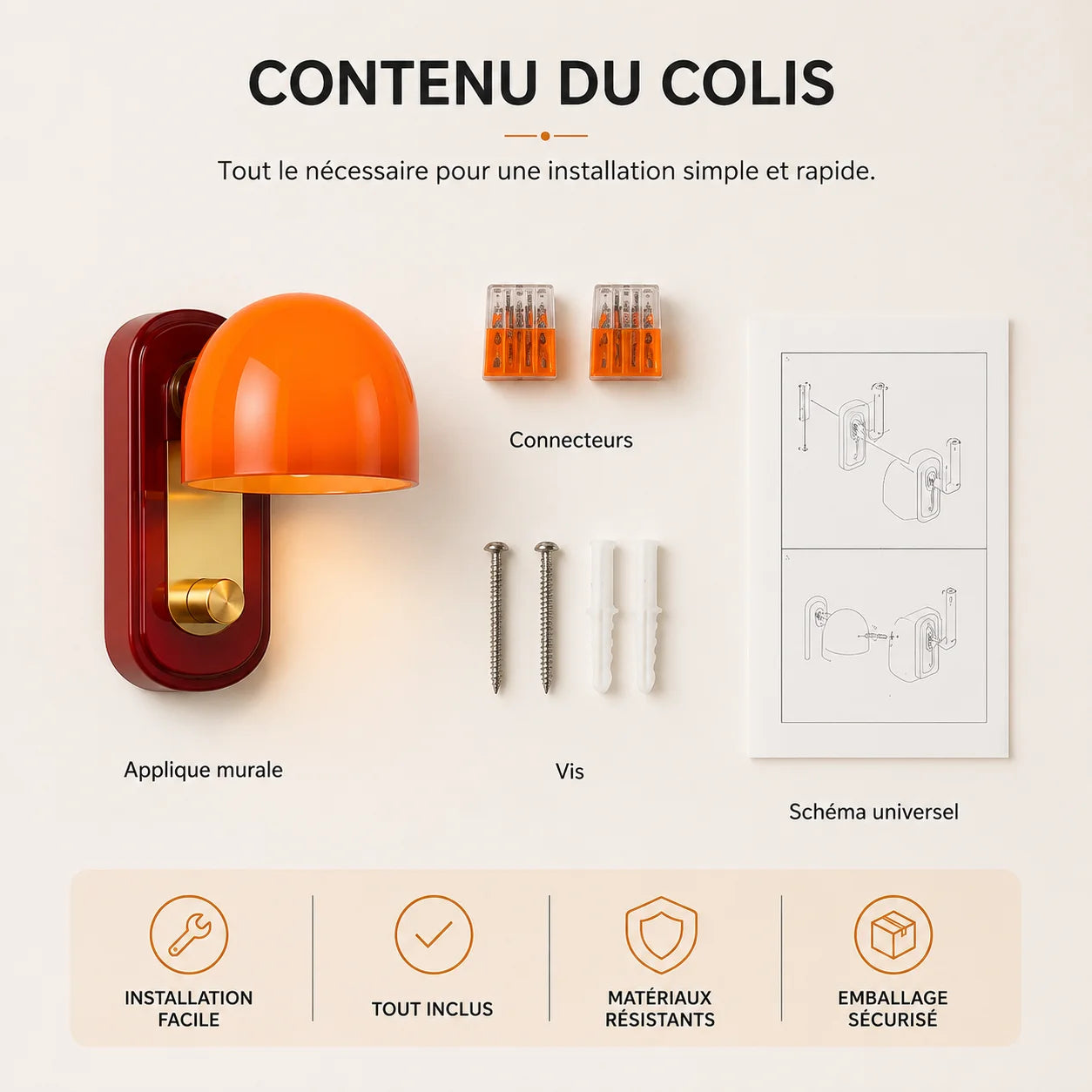 Contenu du colis applique murale salon orange en verre