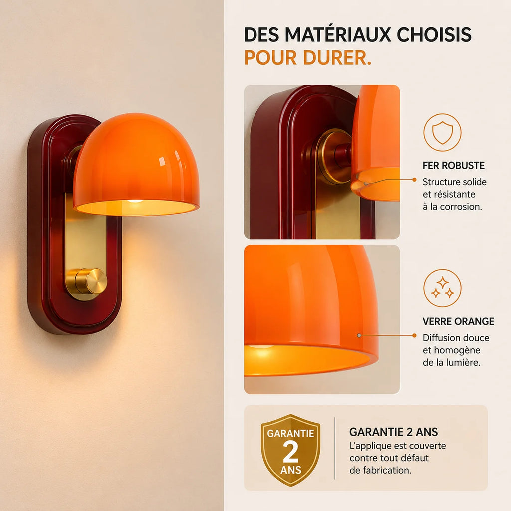 Applique murale fer et verre orange, garantie 2 ans