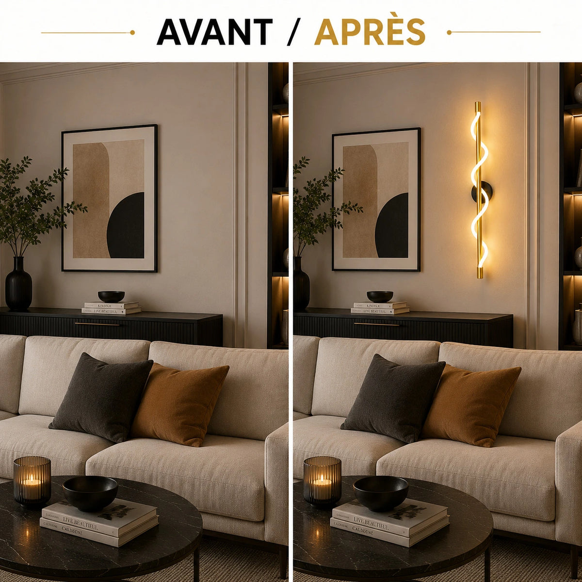 Avant après applique murale spirale dorée salon