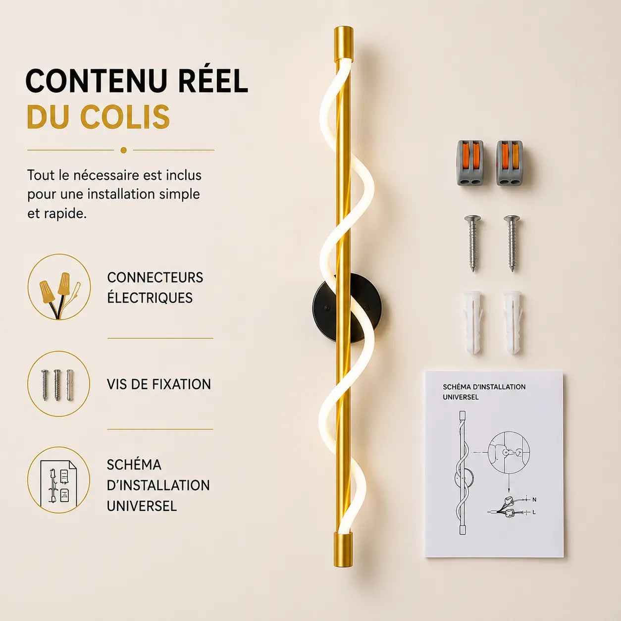 Contenu du colis applique murale spirale dorée