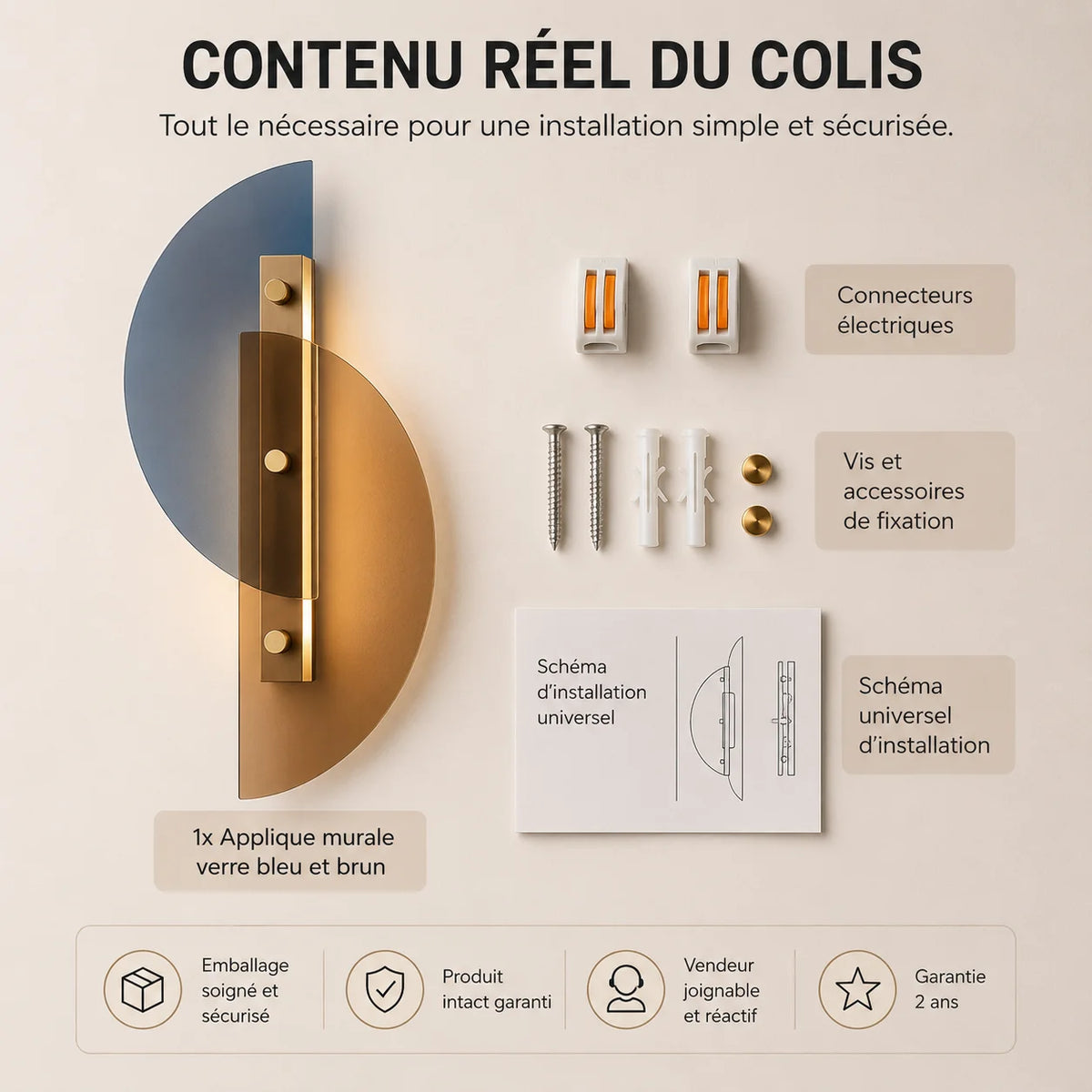 Contenu du colis applique murale salon en verre
